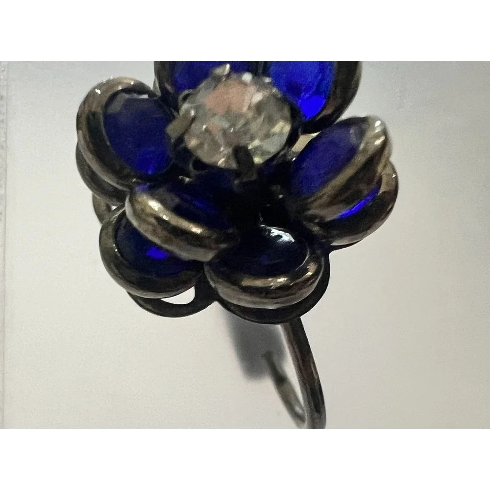 Vintage Cobalt Blue Glass‎ Floral Clip On Earrings Art Deco Rhinestone Flower